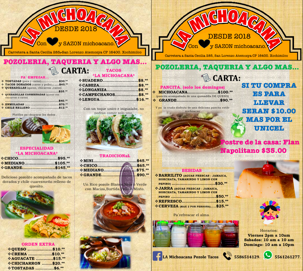 Carta de POZOLERIA Y TAQUERIA LA MICHOACANA en San Lorenzo ATEMOAYA, XOCHIMILCO — página 1